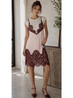 NWT Anthropologie Pink Slip Dress with Dark Burgundy Lace